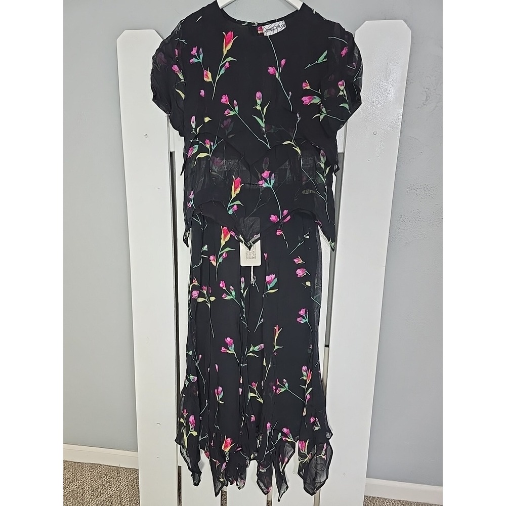 Silver Stream Floral Sheer‎ 2 Pc Set Top Handkerchief Skirt Medium Festival Boho